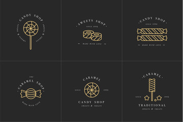 Vector set design golden templates logo and emblems - lollipops with sprinkles caramel candies. Different sweets icon. Logos in trendy linear style isolated on white background.