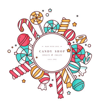 Candy shop round frame background with linear lollipops with sprinkles, spiral and caramel colorful sweets vector illustration.