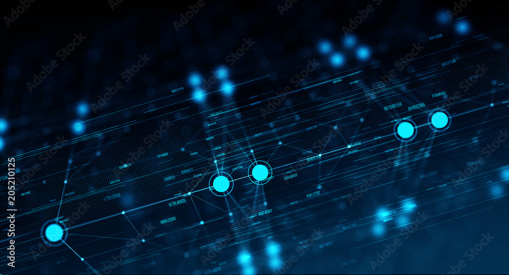 Poster Block chain network/Block chain network concept , Distributed register technology, background made of line, circles  and particles