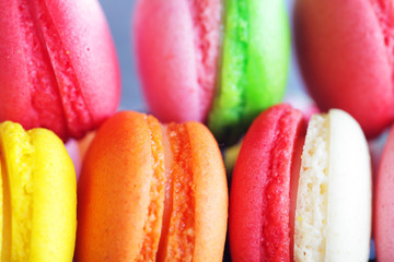 close up of colorful french macaron background.