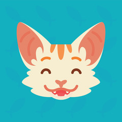 Cat emotional head. Vector illustration of cute kitty shows positive emotion. Lauhg emoji. Smiley icon. Print, chat, communication. White cat with red stripes in flat cartoon style on blue background.