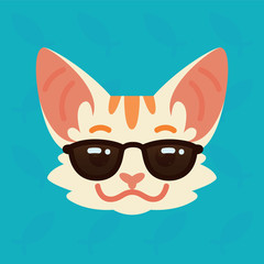 Cat emotional head. Vector illustration of cute kitty in sunglasses shows emotion. Cool emoji. Smiley icon. Chat, communication. White cat with red stripes in flat cartoon style on blue background.