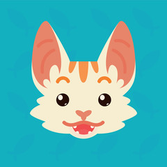 Cat emotional head. Vector illustration of cute kitty shows surprised emotion. Exited emoji. Smiley icon. Chat, communication. White cat with red stripes in flat cartoon style on blue background.