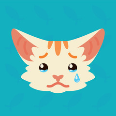 Cat emotional head. Vector illustration of cute kitty shows sad emotion. Crying emoji. Smiley icon. Print, chat, communication. White cat with red stripes in flat cartoon style on blue background.