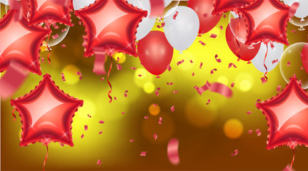 background with bokeh effect and Vector party balloons illustration. Confetti and ribbons flag ribbons, Celebration