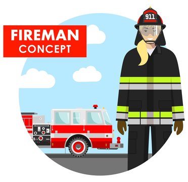 Fireman concept. Detailed illustration of woman firefighter in uniform on background with fire truck in flat style. Vector illustration.