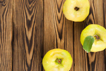Scattered three whole fresh ripe quinces on old weathered rustic brown wooden table with copy space