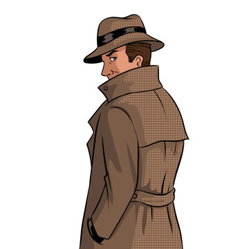 Spy in raincoat and hat pop art vector