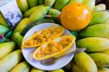 Fresh exotic fruits and vegetables in Mercado Dos Lavradores. Funchal, Madeira island, Portugal