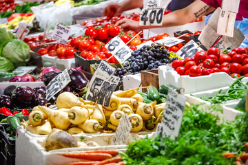 Fruits and vegetables for sale at market stall