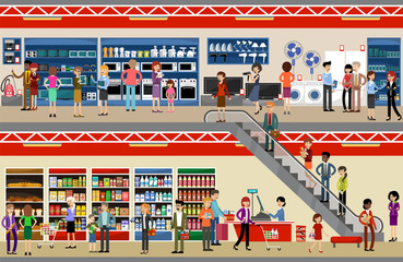 People in mall shopping center. Supermarket. Equipment and electronics