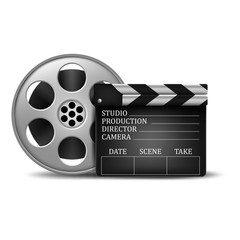 Clapperboard and a film reel. vector illustration