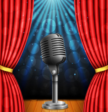 Stage with red curtians, microphone and spotlight. vector illustration
