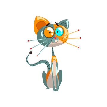 Cute friendly robotic cat sitting on the floor, artificial intelligence concept vector Illustrations on a white background