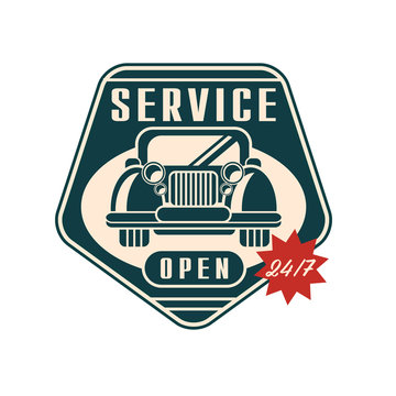Car service logo, open 24 7, auto repair vintage label vector Illustration on a white background