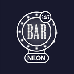Bar 24 7 neon sign, vintage bright glowing signboard, light banner vector Illustration