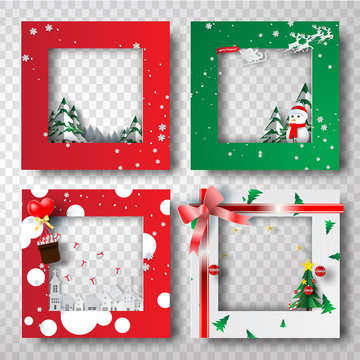 Merry Christmas and Happy new year border frame photo design set on transparency background.Creative origami paper cut and craft style.Holiday decoration gift card.Winter Postcard vector illustration 