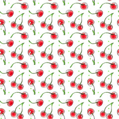 Seamless texture with pink red cherries on a white background. Hand-drawn vector pattern.