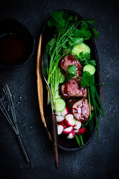 Asian Barbecue Pork Salad With Gooseberry Dressing..selective Focus