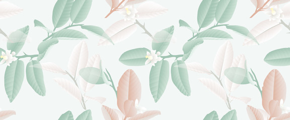 Seamless pattern, hand drawn pastel green, brown and white lime flowers and leaves on light green background