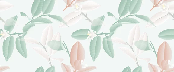 Zelfklevend Fotobehang Seamless pattern, hand drawn pastel green, brown and white lime flowers and leaves on light green background © momosama