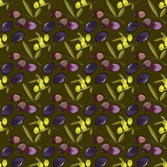Olive pattern seamless background with olive leaves.