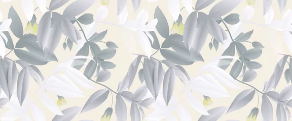 Fototapeten Seamless pattern, hand drawn pastel green and white leaves with yellow flowers on light yellow background © momosama