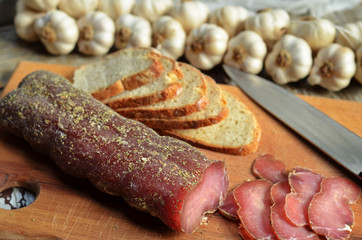 Homemade dried pork loin. Sausage from pork