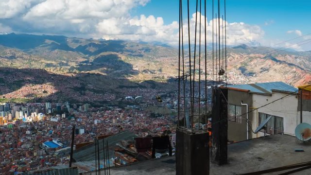 Timelapse of the city of La Paz with aerial cable car transit system named Teleferico. Bolivia