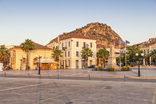 Greece, Peloponnese, Argolis, Nauplia, Old town, Palamidi Fortress in the evening light