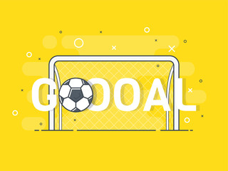 Goal sign and football / soccer ball. Trendy flat vector on yellow background. Vector Illustration. 