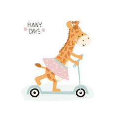 Cute little giraffe girl with kick scooter and lettering. Vector hand drawn illustration. © bilaaa