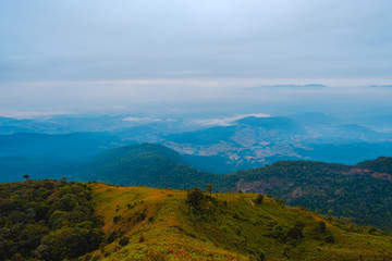 high mountains peaks range clouds in fog scenery landscape national park view outdoor  at Chiang Rai, Chiang Mai Province, Thailand