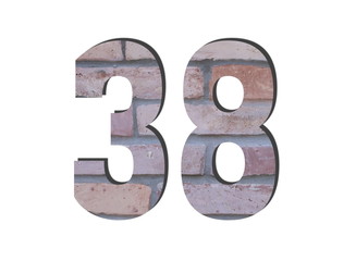 38 Number. Decorative red brick wall texture. English style. White isolated