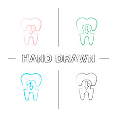 Dental crown with down arrow hand drawn icons set