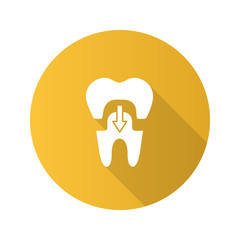 Dental crown with down arrow flat design long shadow glyph icon