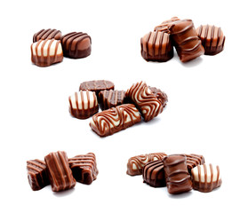 Collection of photos assortment of chocolate candies sweets isolated