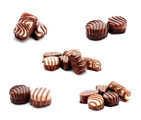 Collection of photos assortment of chocolate candies sweets isolated