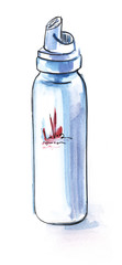 Blue cosmetic bottle with dispenser. Hand-drawn watercolor sketch illustration. Isolated on a white background