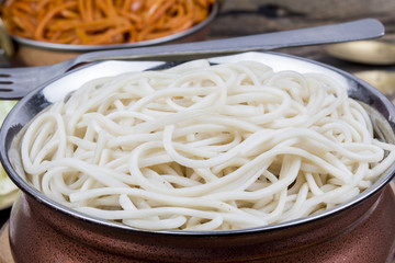 Boiled Chow Mein or Hakka Noodles Served With Chutney on Wooden Background