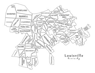 Fototapeta na wymiar Modern City Map - Louisville Kentucky city of the USA with neighborhoods and titles outline map