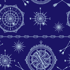 Seamless pattern with vintage compass, wind rose and rope knot. Nautical background. Vector illustration 