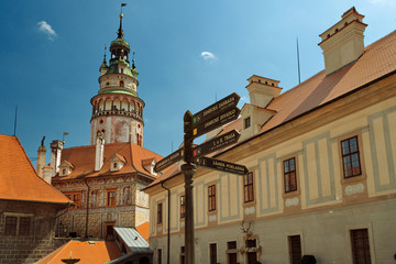 CESKY KRUMLOV, BOHEMIA, CZECH REPUBLIK - ourtyard of the astle and Castle tower at sunset