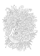 Hand drawn backdrop. Coloring book, page for adult and older children. Black and white abstract floral pattern. Vector illustration. Design for meditation.