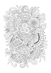 Hand drawn backdrop. Coloring book, page for adult and older children. Black and white abstract floral pattern. Vector illustration. Design for meditation.