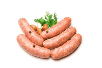 Sausages for grilling, dill and parsley isolated on white background