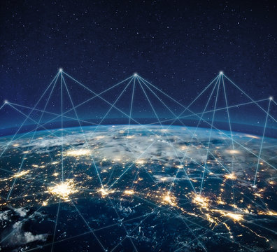 Global communication technology and telecommunication financial network around planet Earth. Blockchain and cryptocurrency concept with copyspace. IOT. Elements of this photo furnished by NASA.