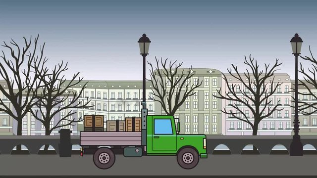 Animated green truck with boxes in the trunk riding through autumn city. Moving heavy car on cityscape background. Flat animation