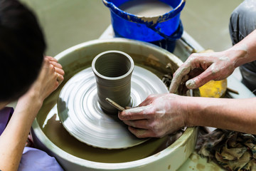 Working on potter's wheel close