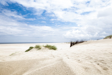 Blick über ruhigen weiten Strand mit Meer im Hintergrund